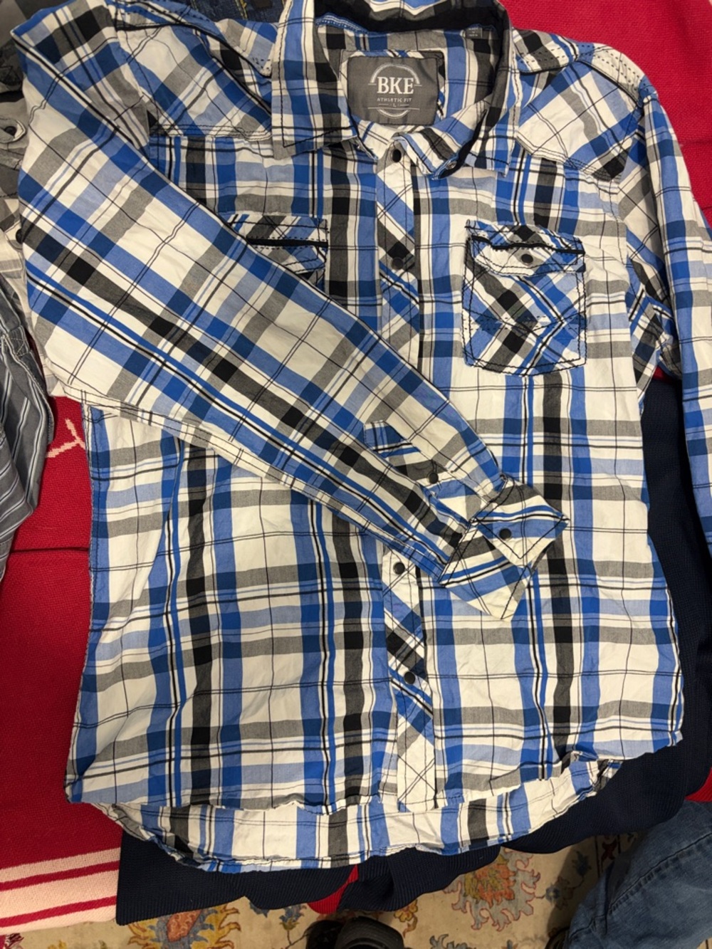 BKE Blue, White and Black Plaid Button-Down Shirt